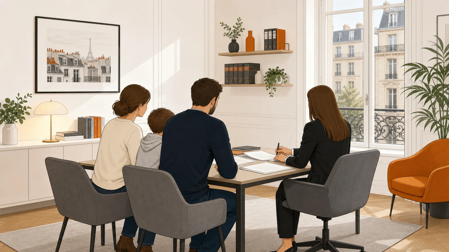 Échange familial apaisé dans un cabinet juridique autour de documents