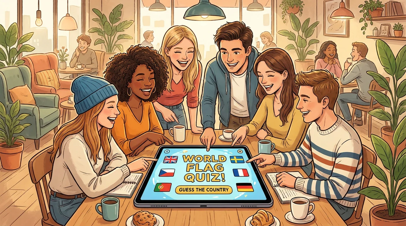 Group of friends playing a flag quiz game on a tablet in a café