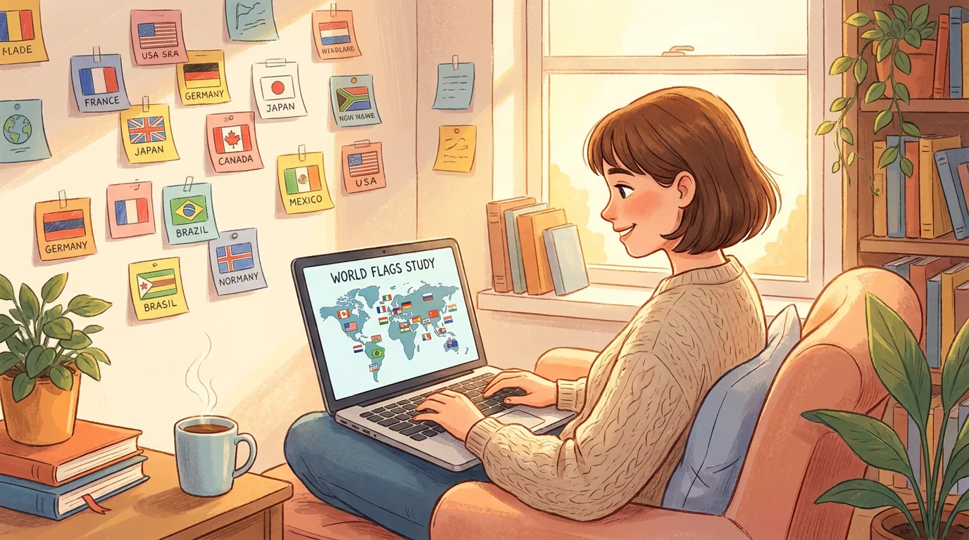 Young woman studying world flags on a laptop with colorful notes on the wall