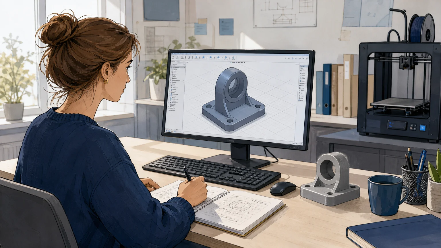 Apprenante européenne travaillant sur un modèle de pièce en 3D avec un accompagnement pédagogique