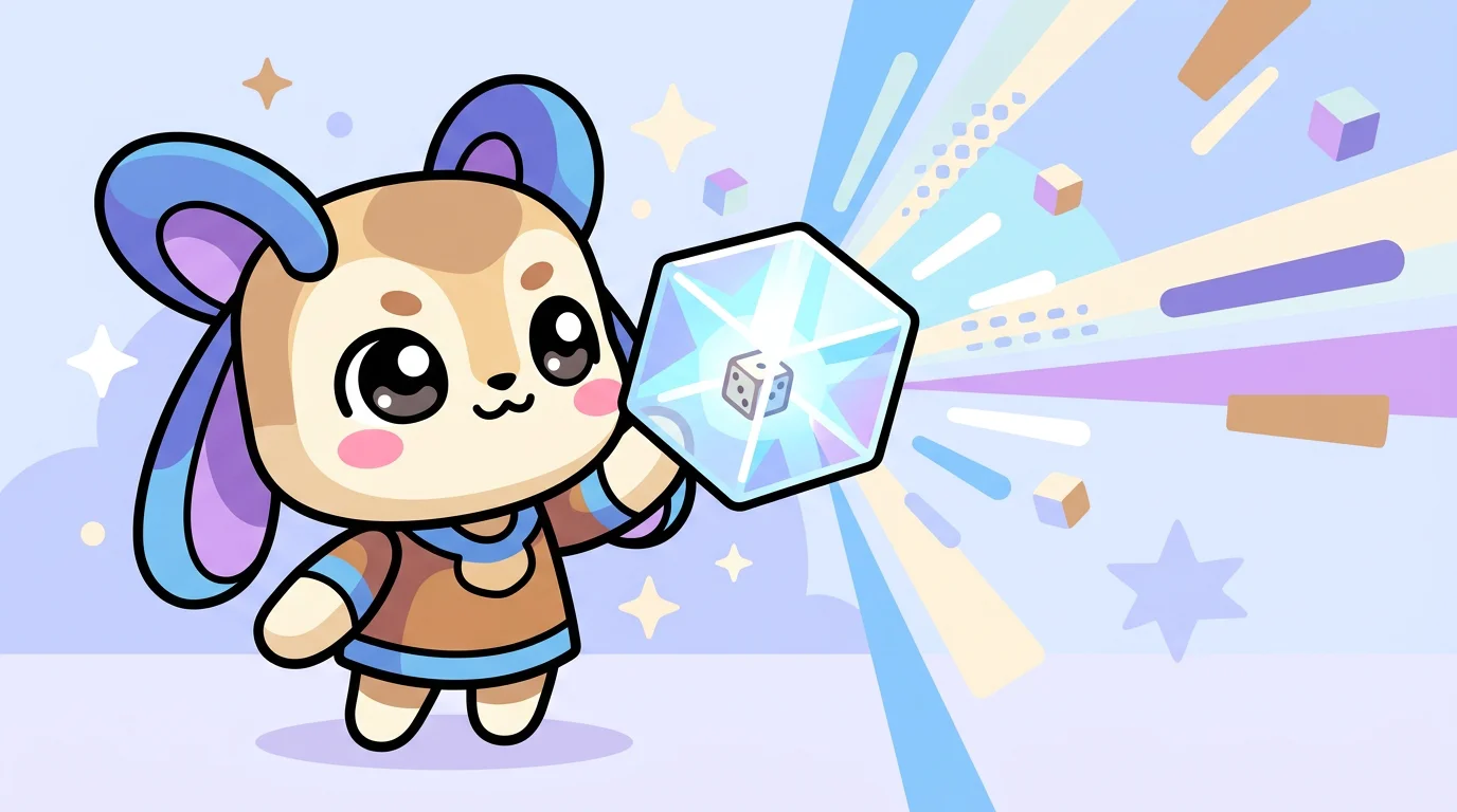 Chibi mascot holding a transparent cube with a dice representing provably fair on-chain gaming