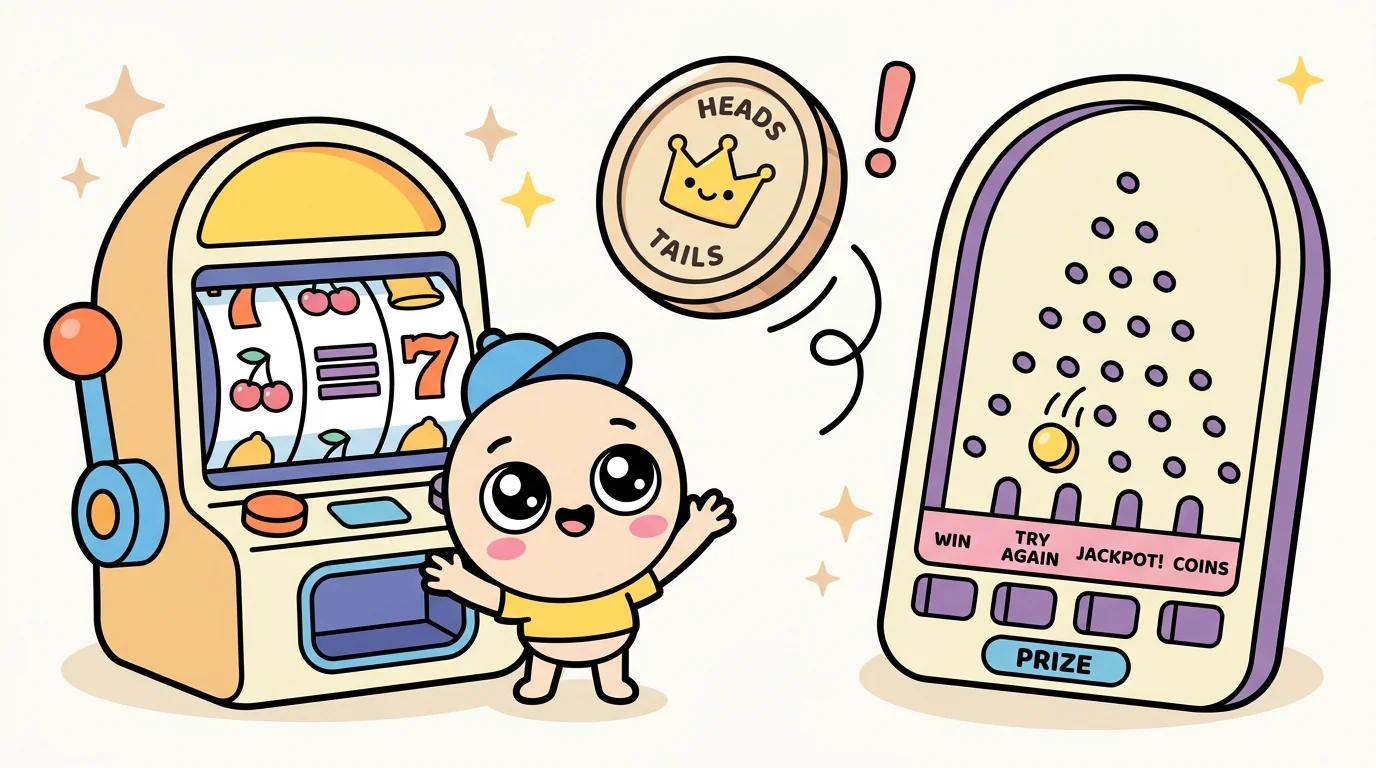 Chibi mascot surrounded by cartoon slot reel, coin flip and plinko game assets