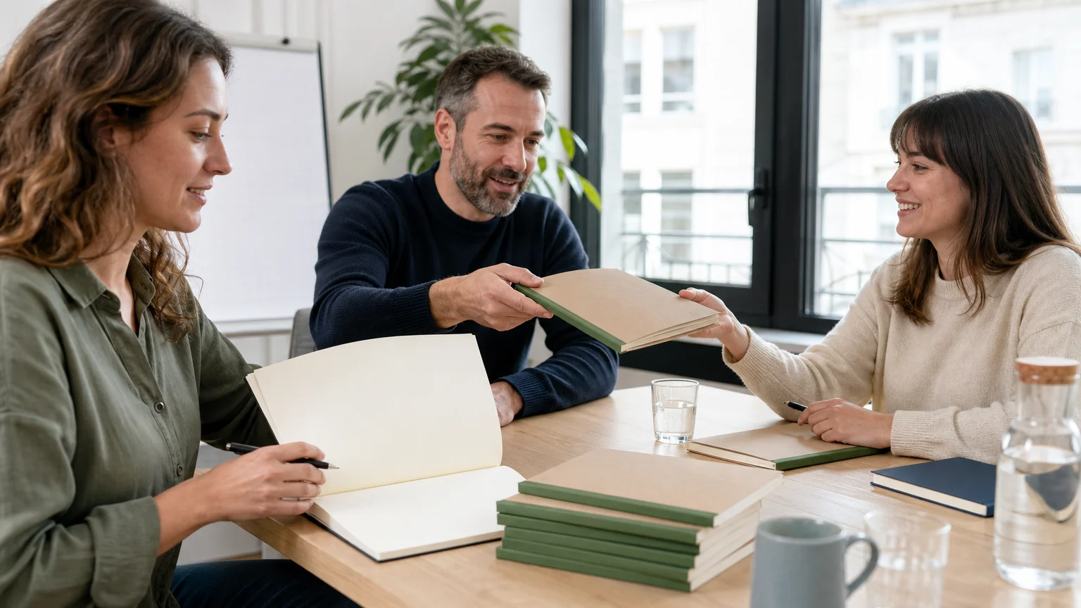 Professionnels utilisant des blocs-notes personnalisables lors d’une réunion