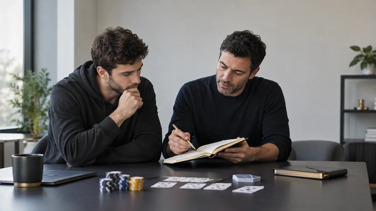 Un joueur et un coach examinent des notes de mains de poker.