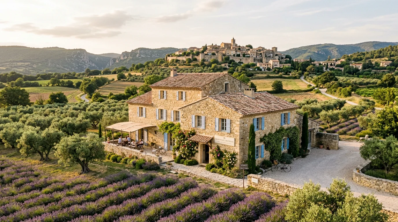 Bastide provençale de charme entourée d'oliviers et de lavande au coucher du soleil