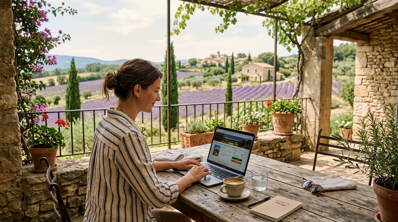 Voyageur réservant un séjour en direct depuis une terrasse provençale ombragée