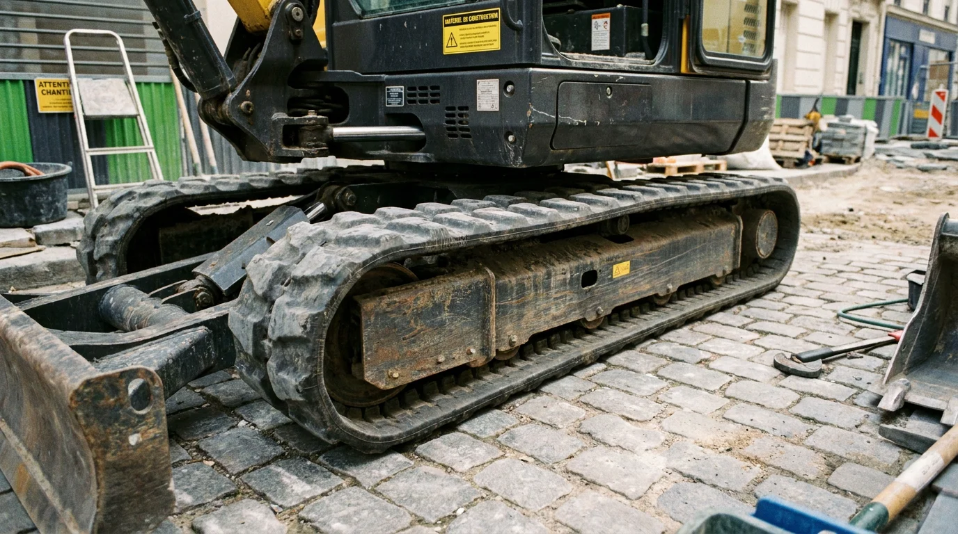 Chenille caoutchouc renforcée montée sur une mini pelle en chantier urbain