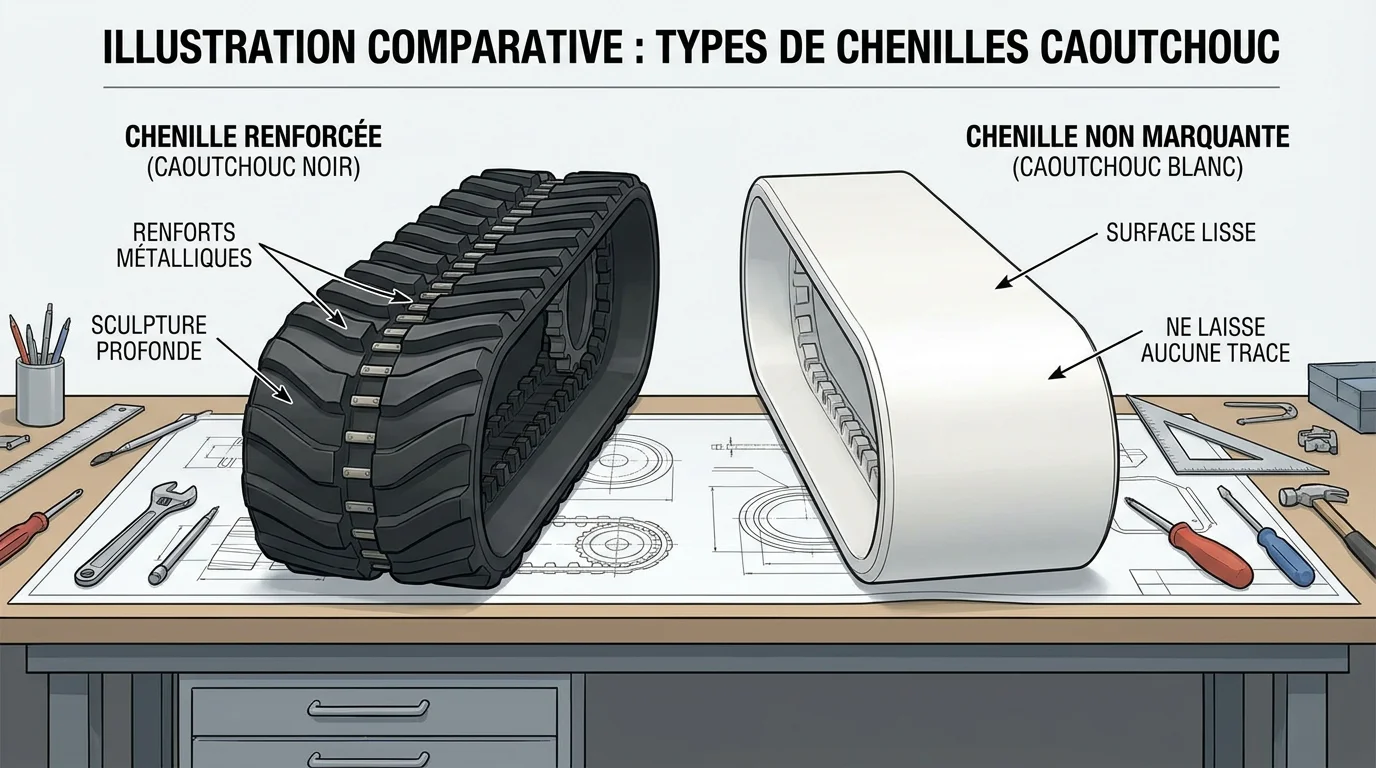Comparaison entre une chenille renforcée noire et une chenille non marquante blanche pour mini pelle
