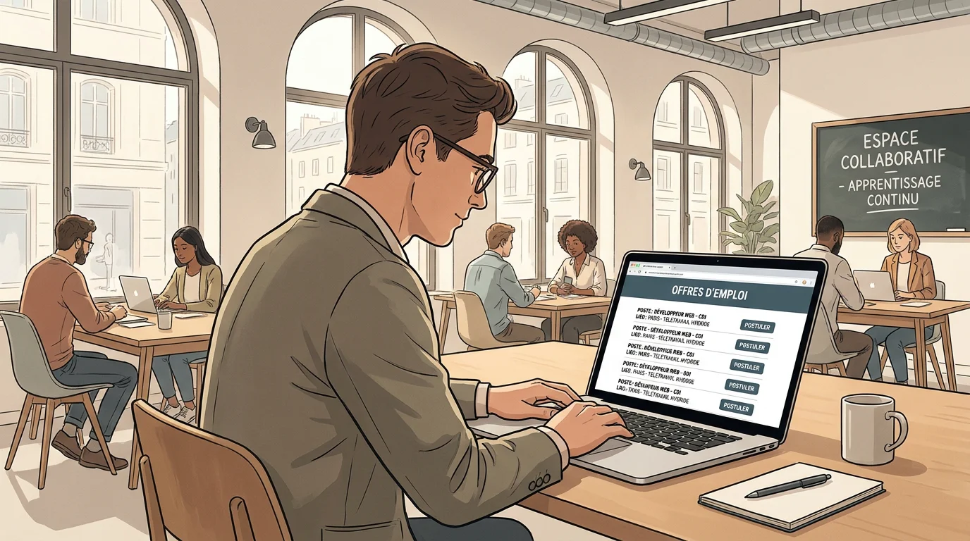 Candidat recherchant des missions d'intérim en ligne sur un ordinateur portable