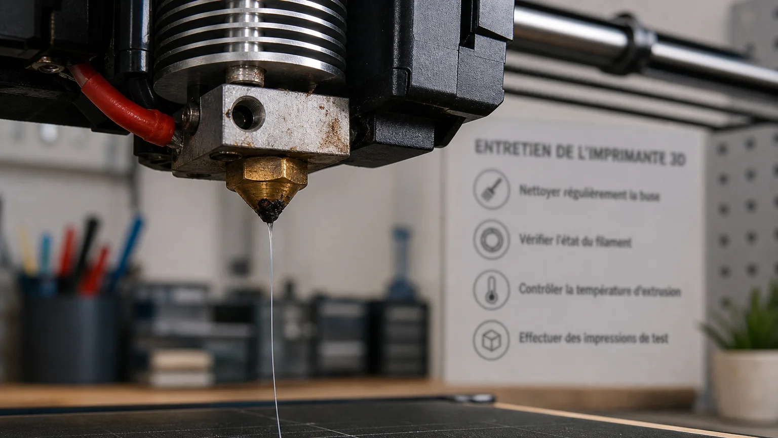 Gros plan sur une buse d'imprimante 3D et un filament clair retiré avec des résidus carbonisés