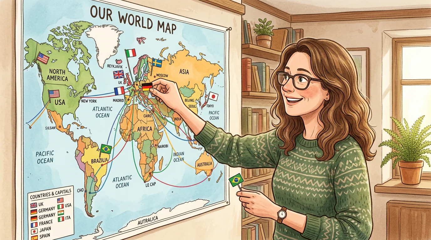 A person connecting national flags to countries on a world map