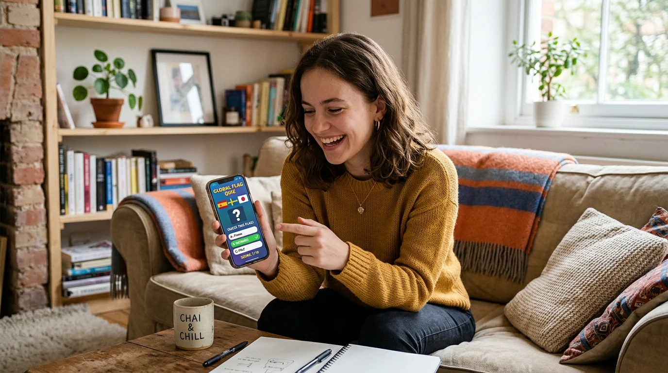 A student playing a flag guessing game on a phone at home