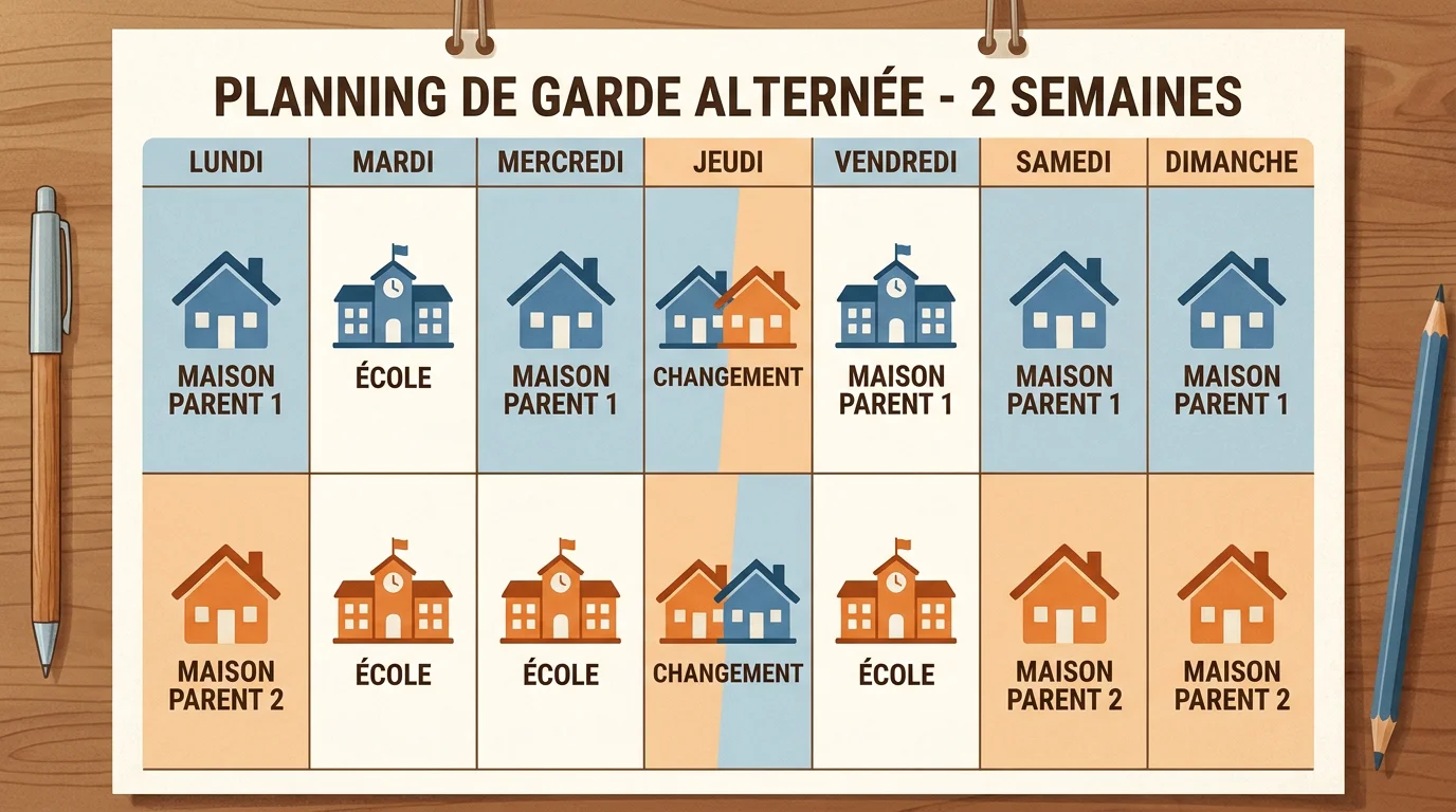 Exemple de calendrier de garde alternée 5-2-2-5 sur deux semaines avec code couleur par parent