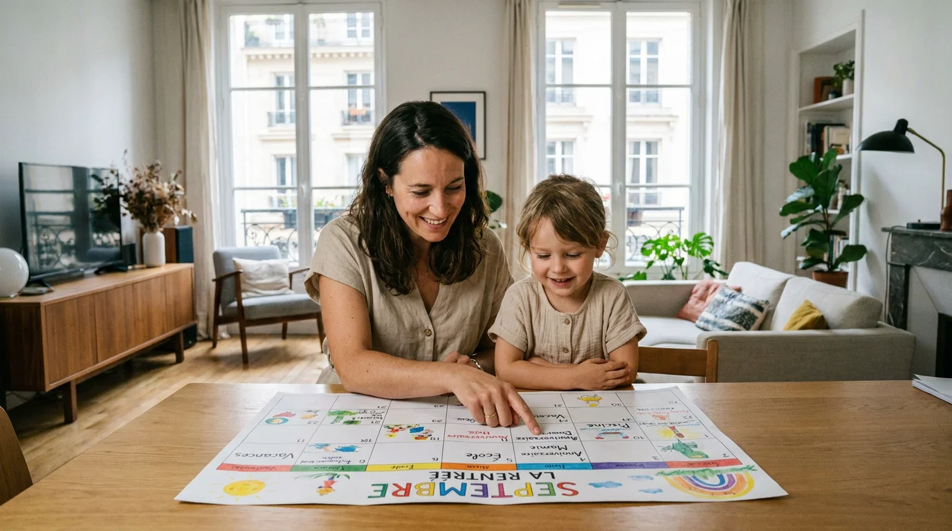 Parent et enfant organisant ensemble leur calendrier de garde alternée