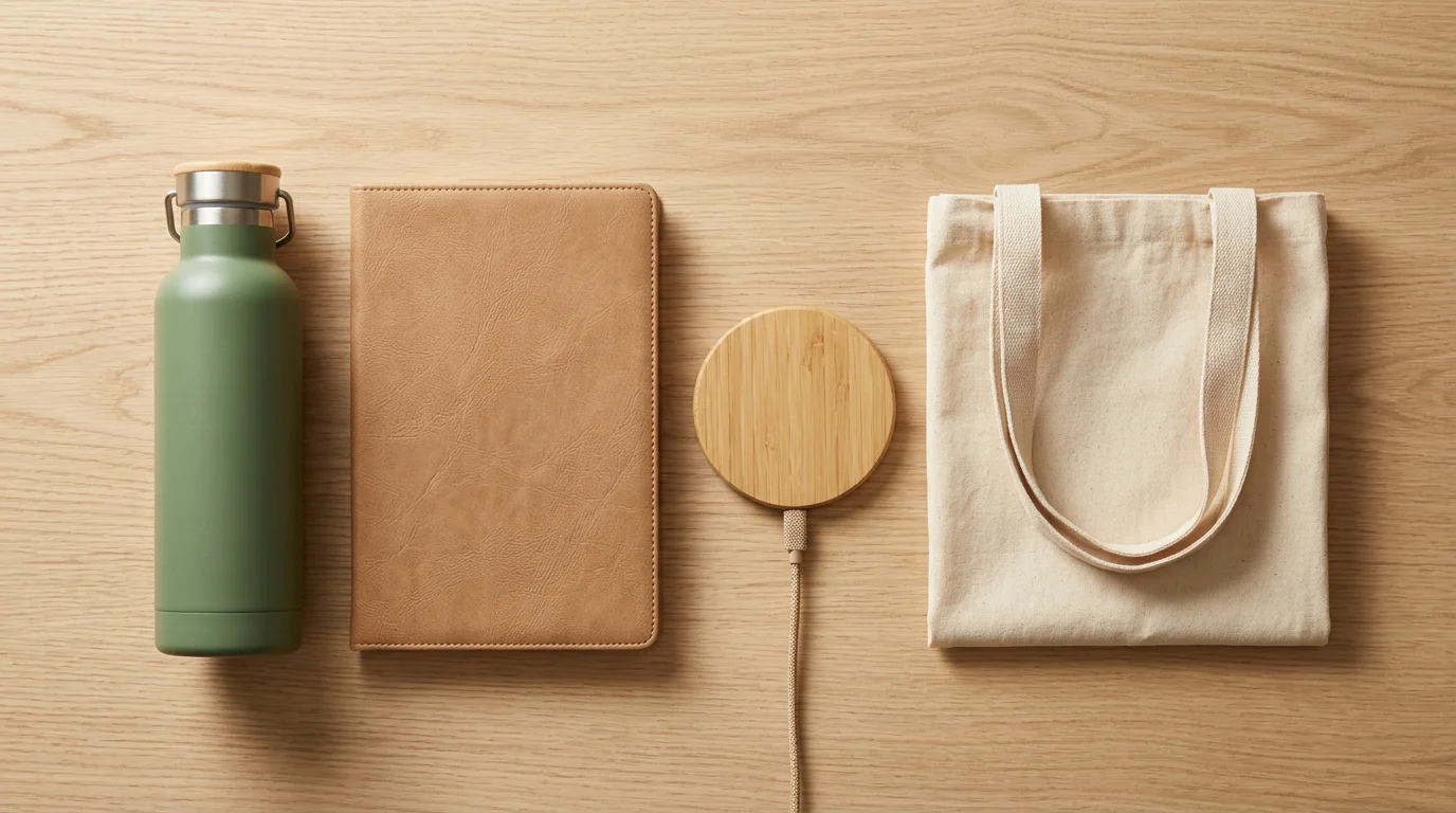 Objets publicitaires premium éco-responsables disposés à plat sur une surface en bois clair