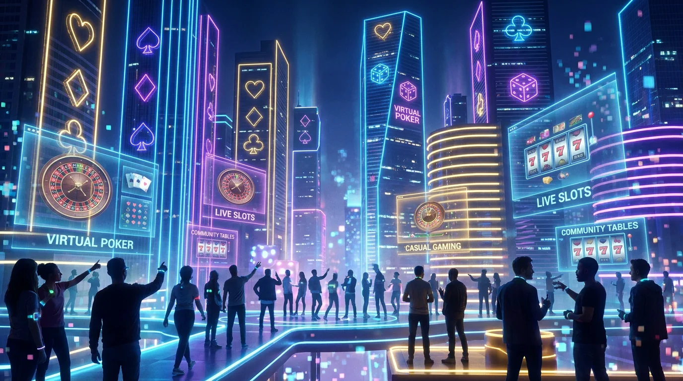 Futuristic digital casino cityscape with glowing neon game elements and holographic screens at night