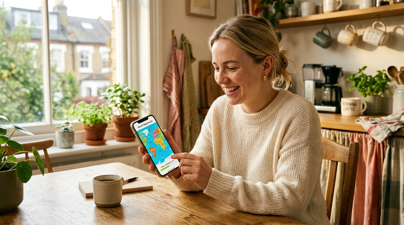 A young woman playing a daily geography guessing game on her phone at breakfast