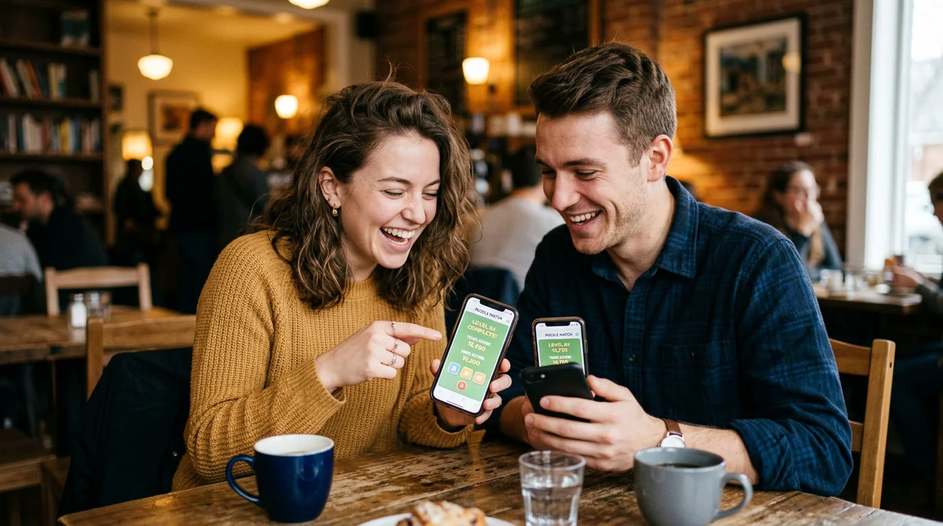 Two friends comparing their daily country game scores in a cafe