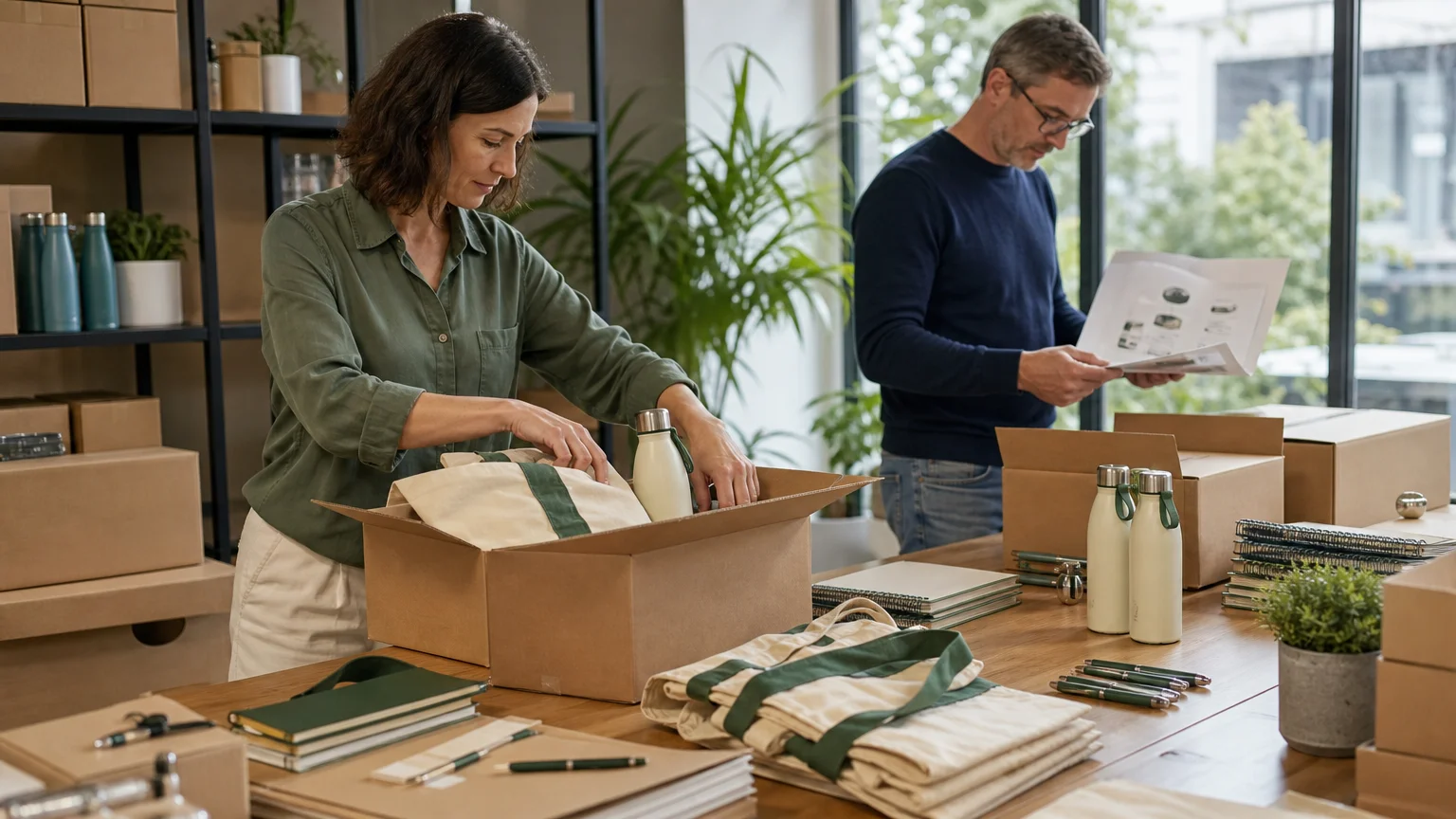 Équipe préparant des goodies personnalisés pour une livraison urgente