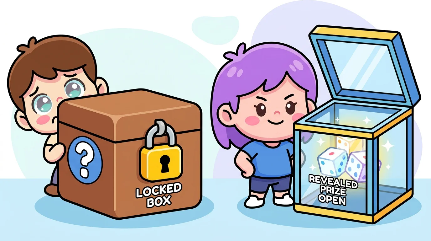 Chibi characters comparing a hidden locked box to a transparent glass box with dice