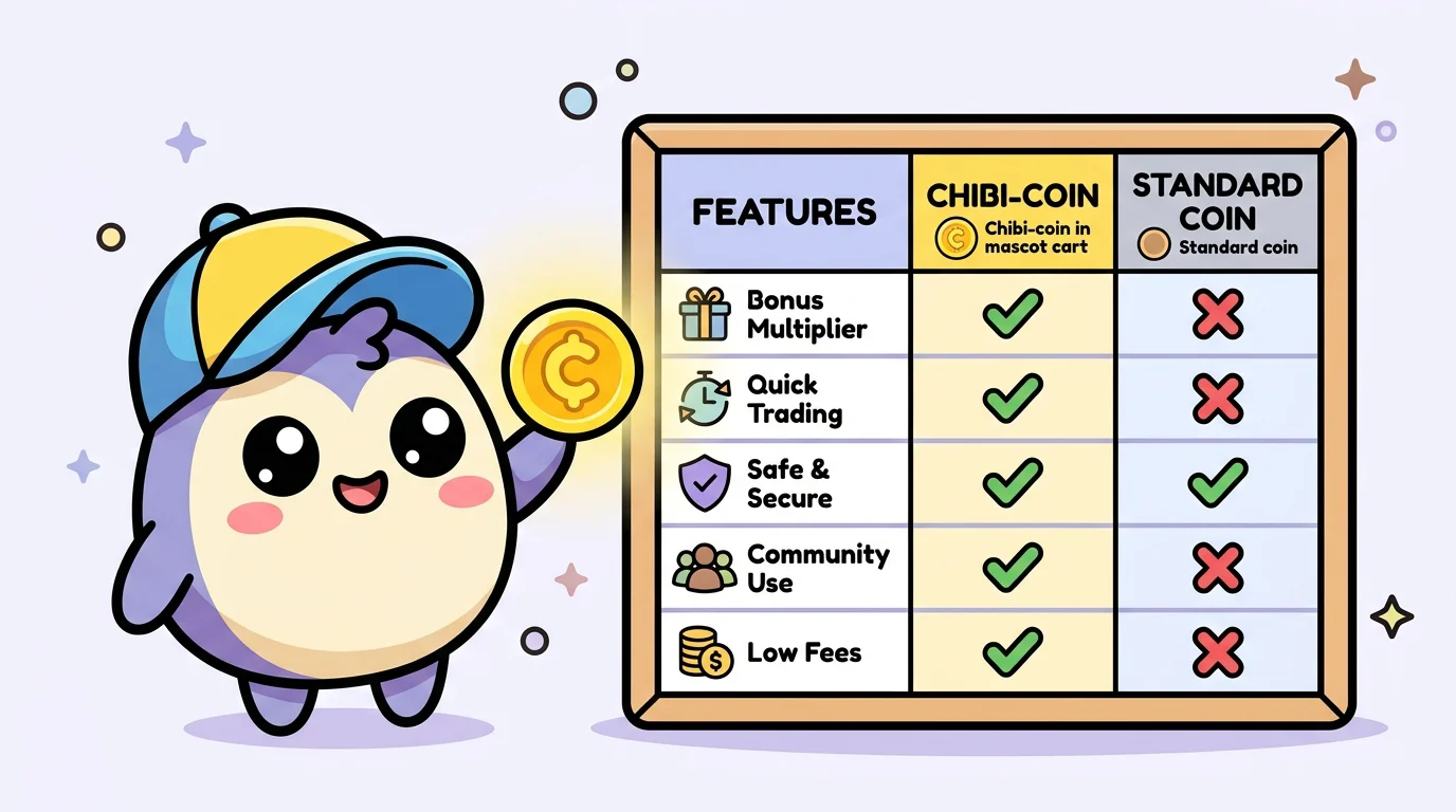 Chibi mascot holding a coin beside a simple checkmark comparison chart