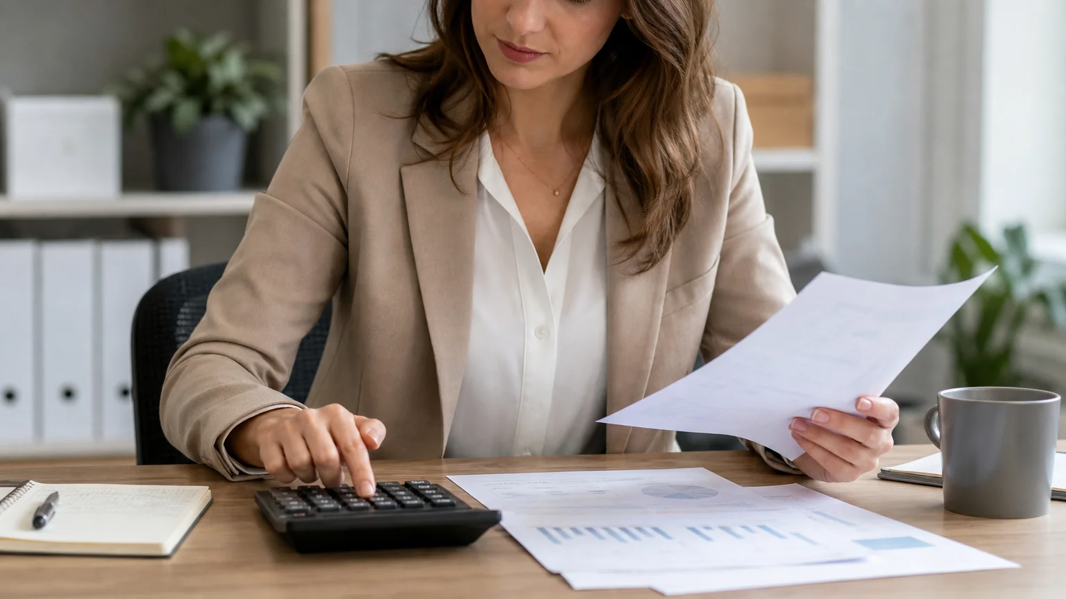 Une professionnelle vérifie un calcul avec une calculatrice de bureau
