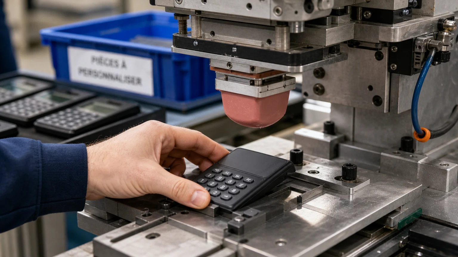 Un opérateur prépare le marquage d’une calculatrice par tampographie