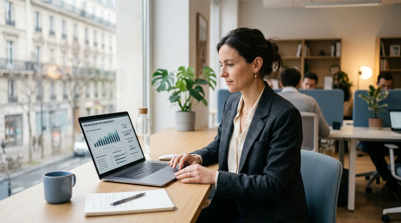 Professionnelle européenne consultant un tableau de bord de facturation récurrente sur un ordinateur portable
