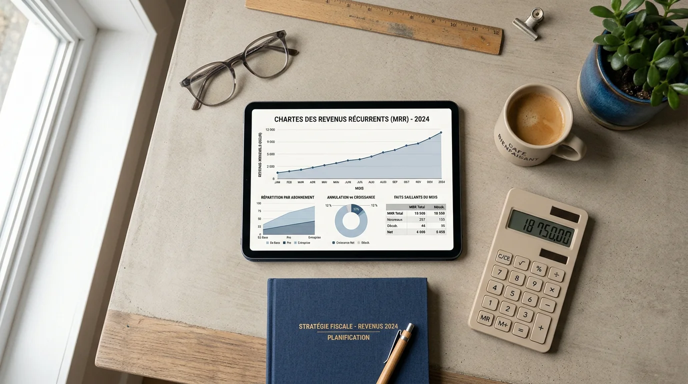 Bureau organisé avec tablette affichant des graphiques de revenus récurrents