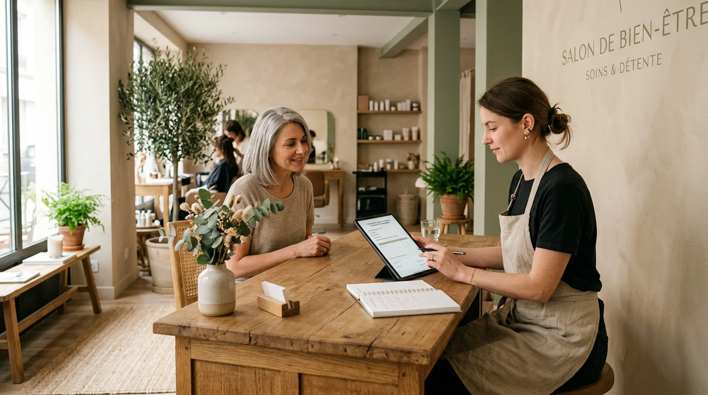 Une coiffeuse consulte son dossier de financement de formation dans son salon