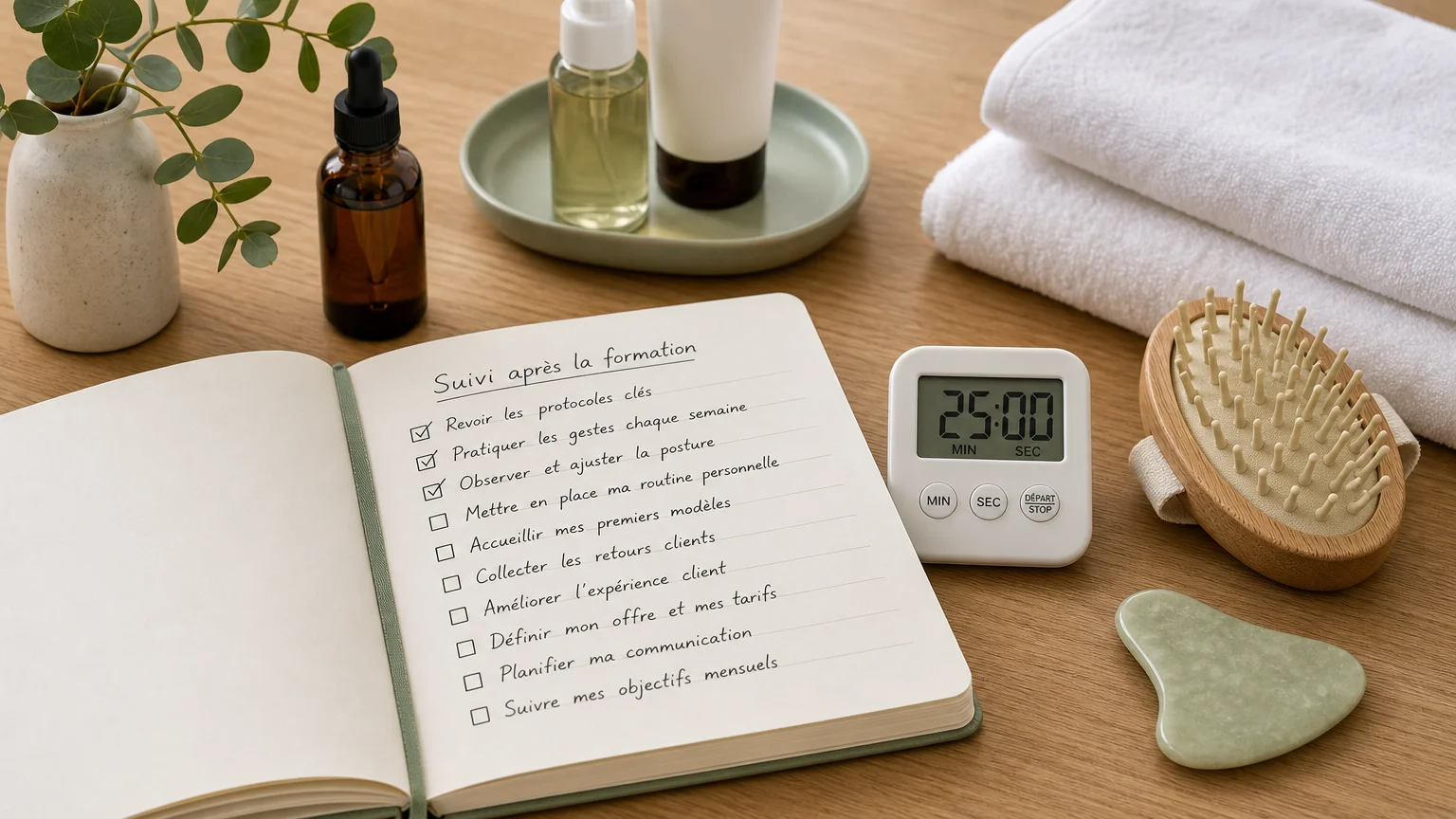Checklist et accessoires illustrant le suivi après une formation Head Spa