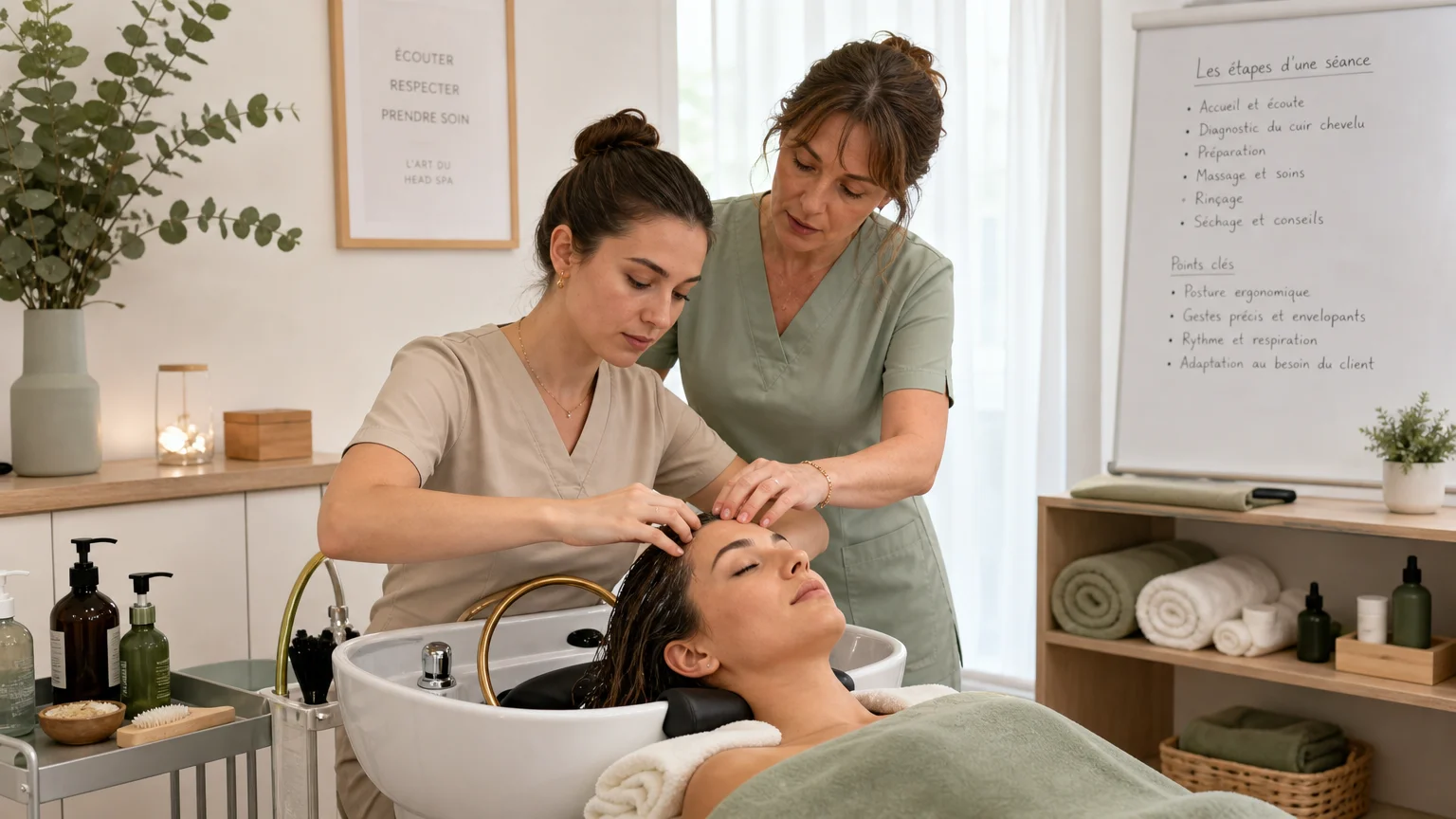 Correction des gestes Head Spa pendant un accompagnement post-formation