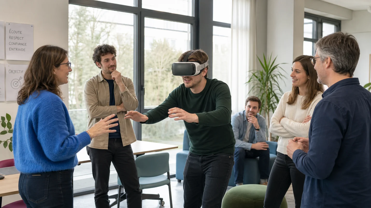 Équipe de collaborateurs participant à une activité de réalité virtuelle