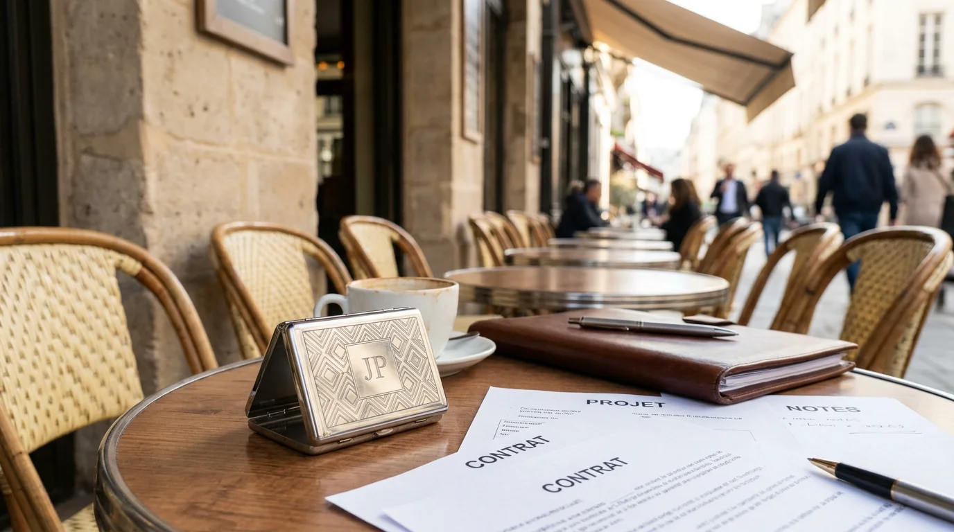 Cendrier de poche publicitaire personnalisé posé sur une terrasse professionnelle