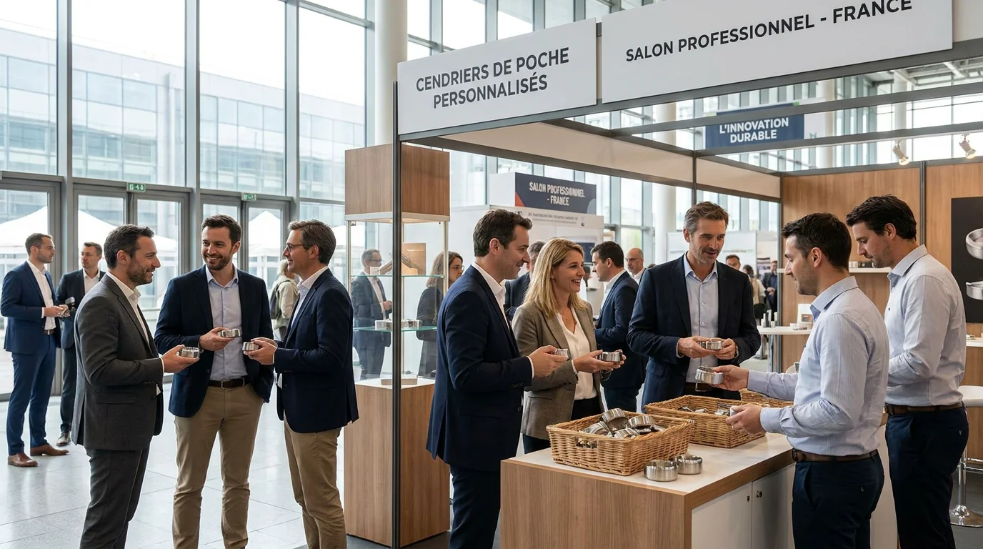 Distribution de cendriers de poche personnalisés lors d'un salon professionnel en France