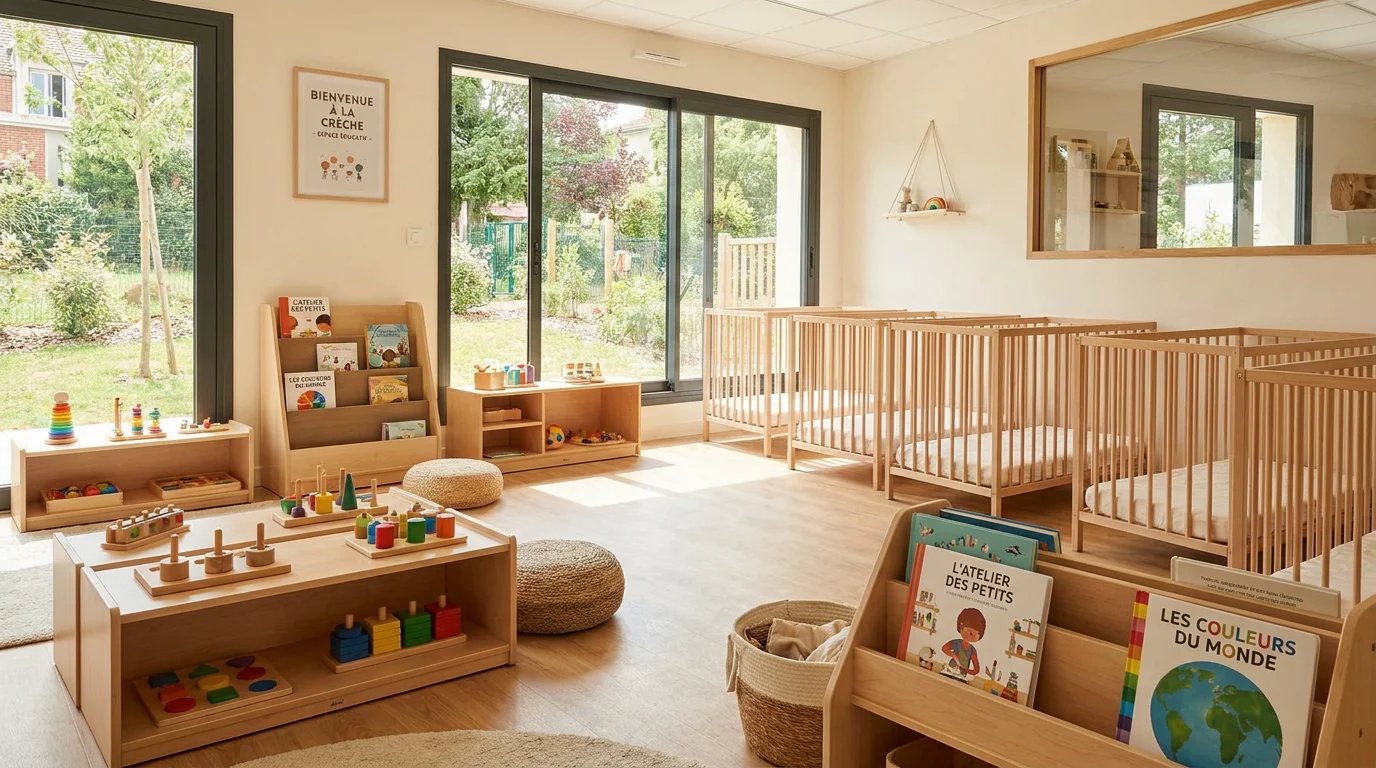 Salle d'accueil petite enfance aménagée avec mobilier en bois et matériel d'éveil