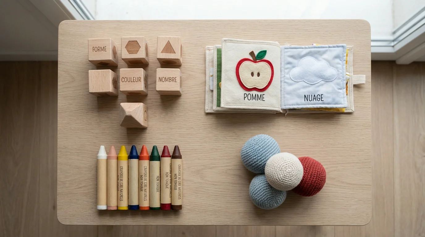 Matériel d'éveil professionnel pour petite enfance disposé sur une surface en bois