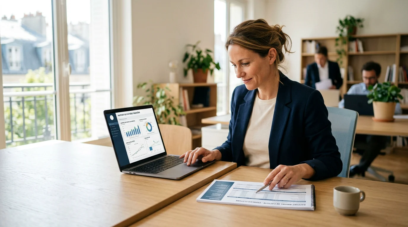 Un dirigeant analyse son tableau de bord de pilotage sur ordinateur portable