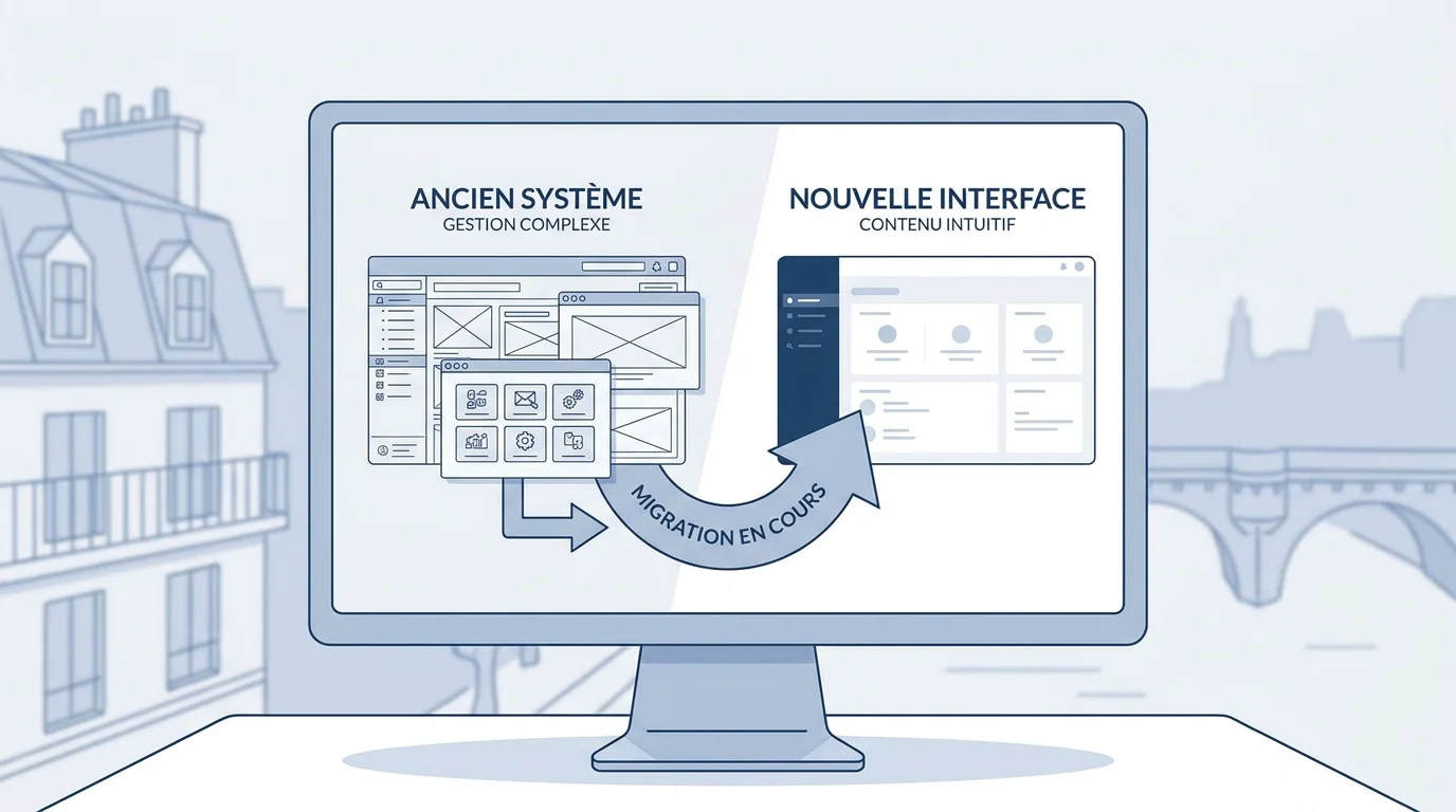 Illustration du concept de migration d'un CMS complexe vers une interface WordPress intuitive