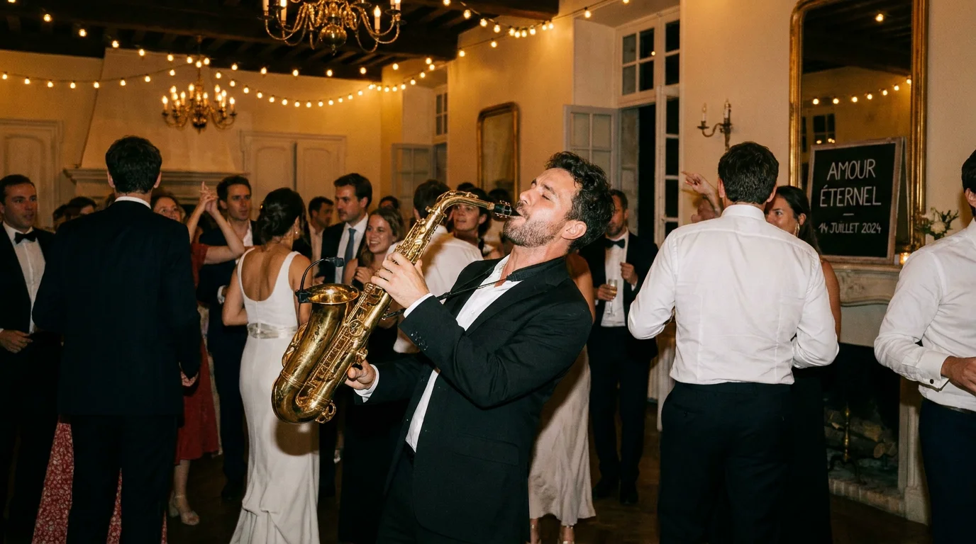 Saxophoniste jouant en live lors d'un mariage élégant en France