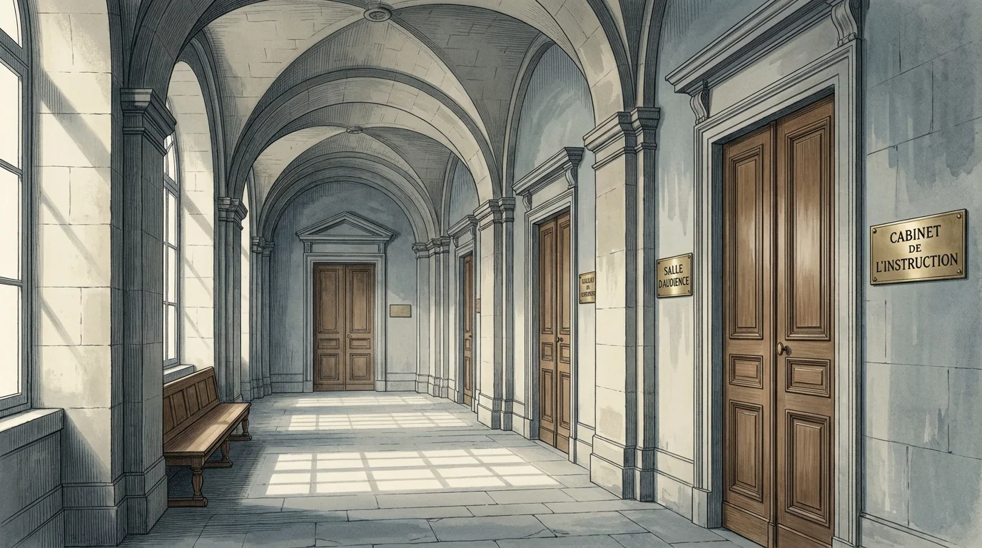 Couloir d'un palais de justice en France, banc d'attente et portes en bois