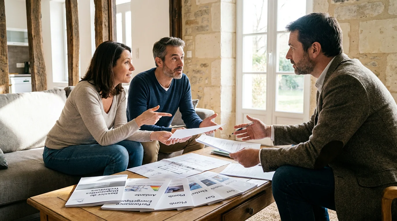 Propriétaires consultant un expert en diagnostic immobilier pour une location