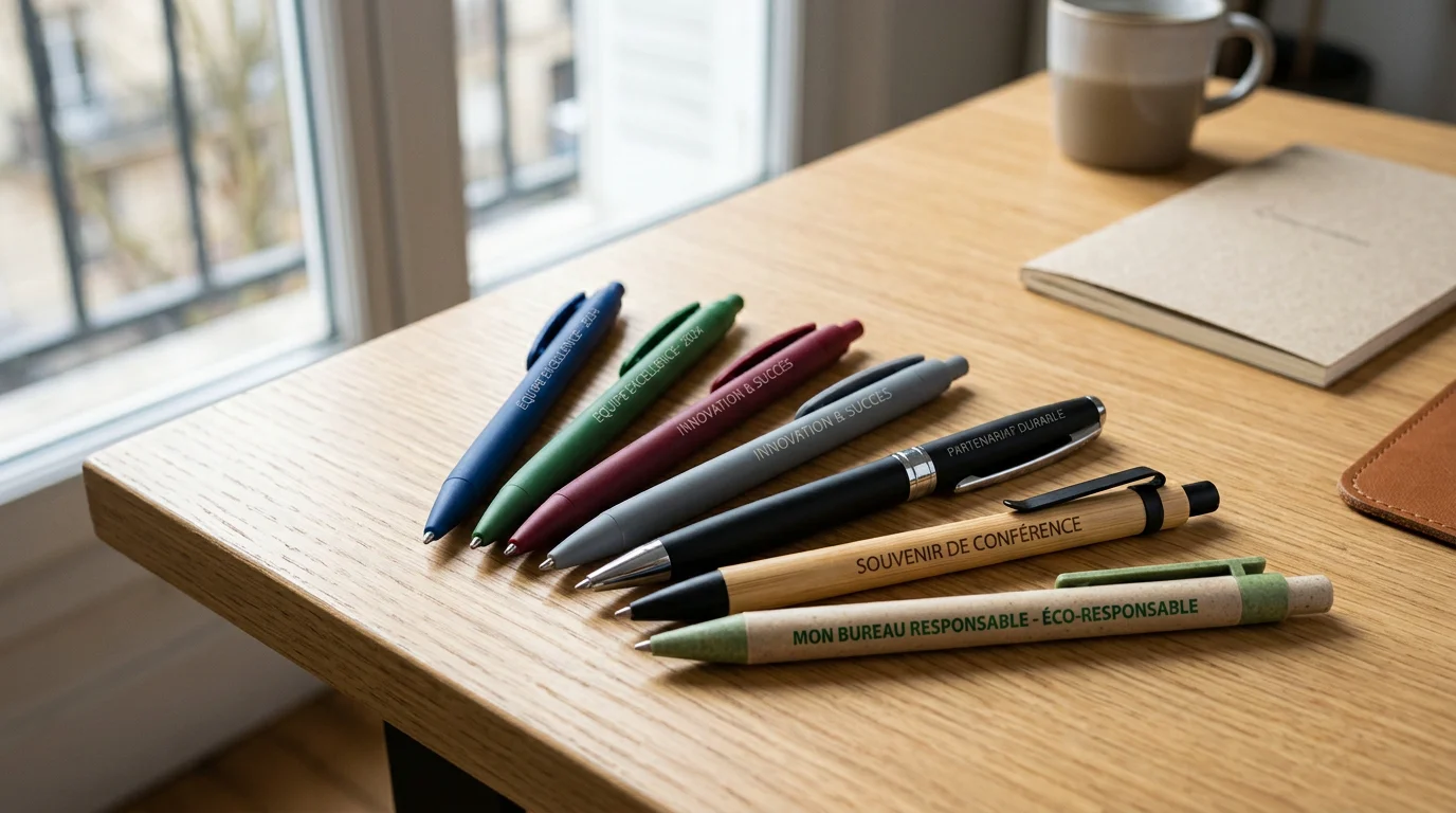 Assortiment de stylos publicitaires personnalisés en plastique, métal et bambou sur un bureau