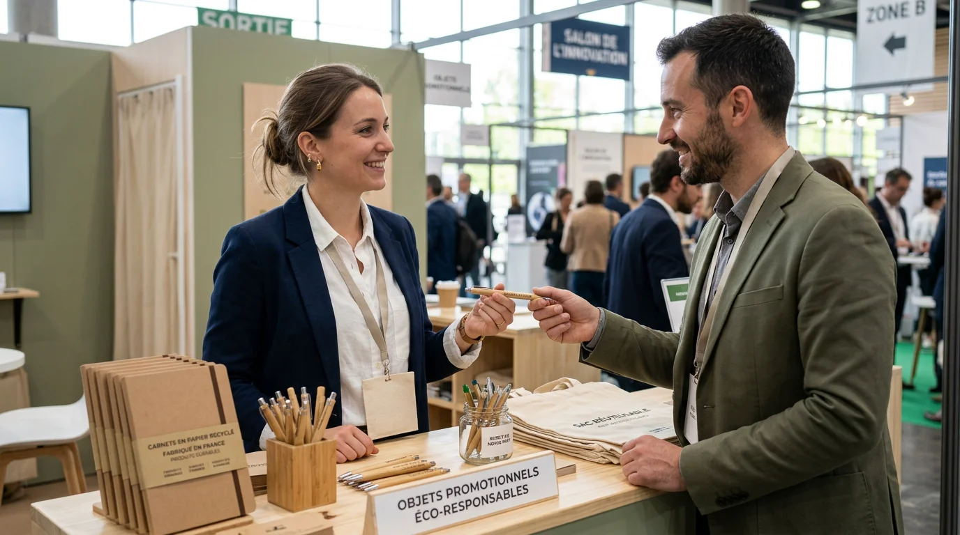 Remise d'un stylo publicitaire en bambou lors d'un salon professionnel