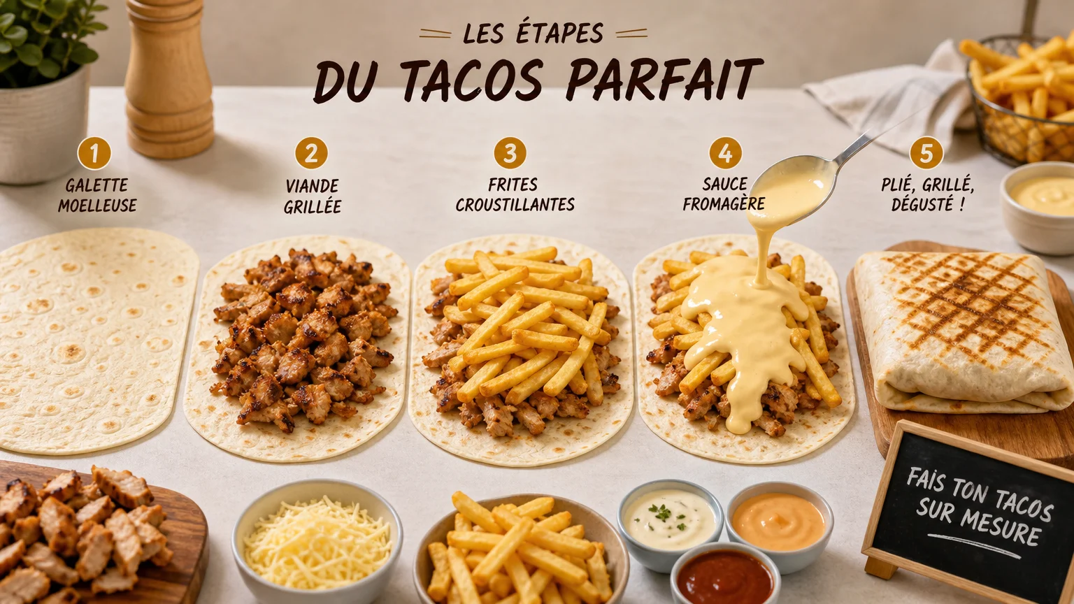 Étapes de composition d'un french tacos avec viande, frites et sauce fromagère