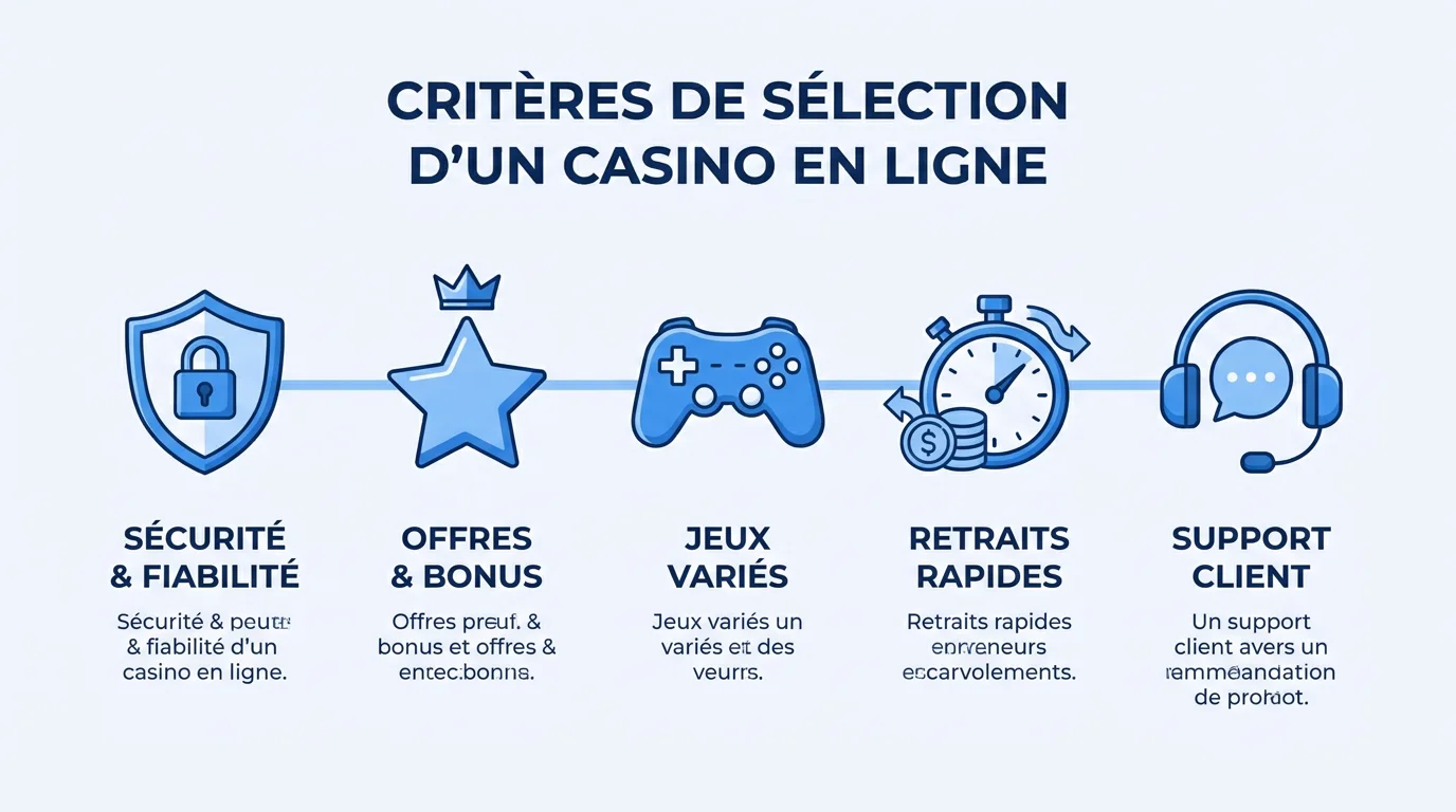 Infographie des cinq critères essentiels pour choisir un casino en ligne fiable