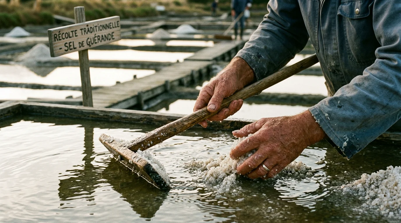 Récolte artisanale de sel à la main dans un marais salant