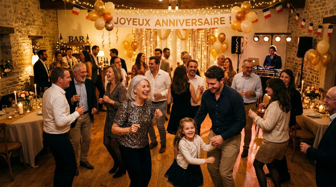 Invités de tous âges qui dansent lors d'une soirée d'anniversaire