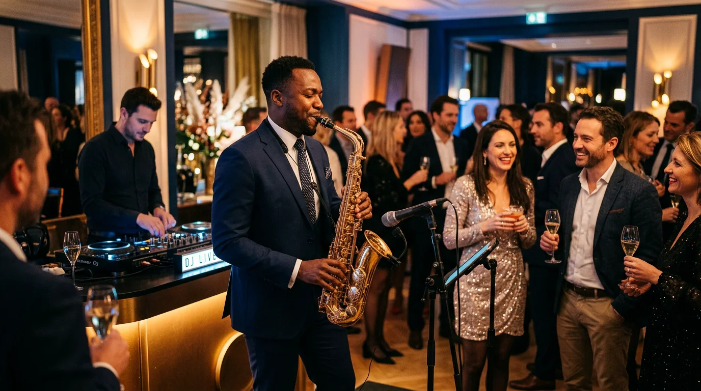 Saxophoniste live et DJ animant un cocktail d'anniversaire