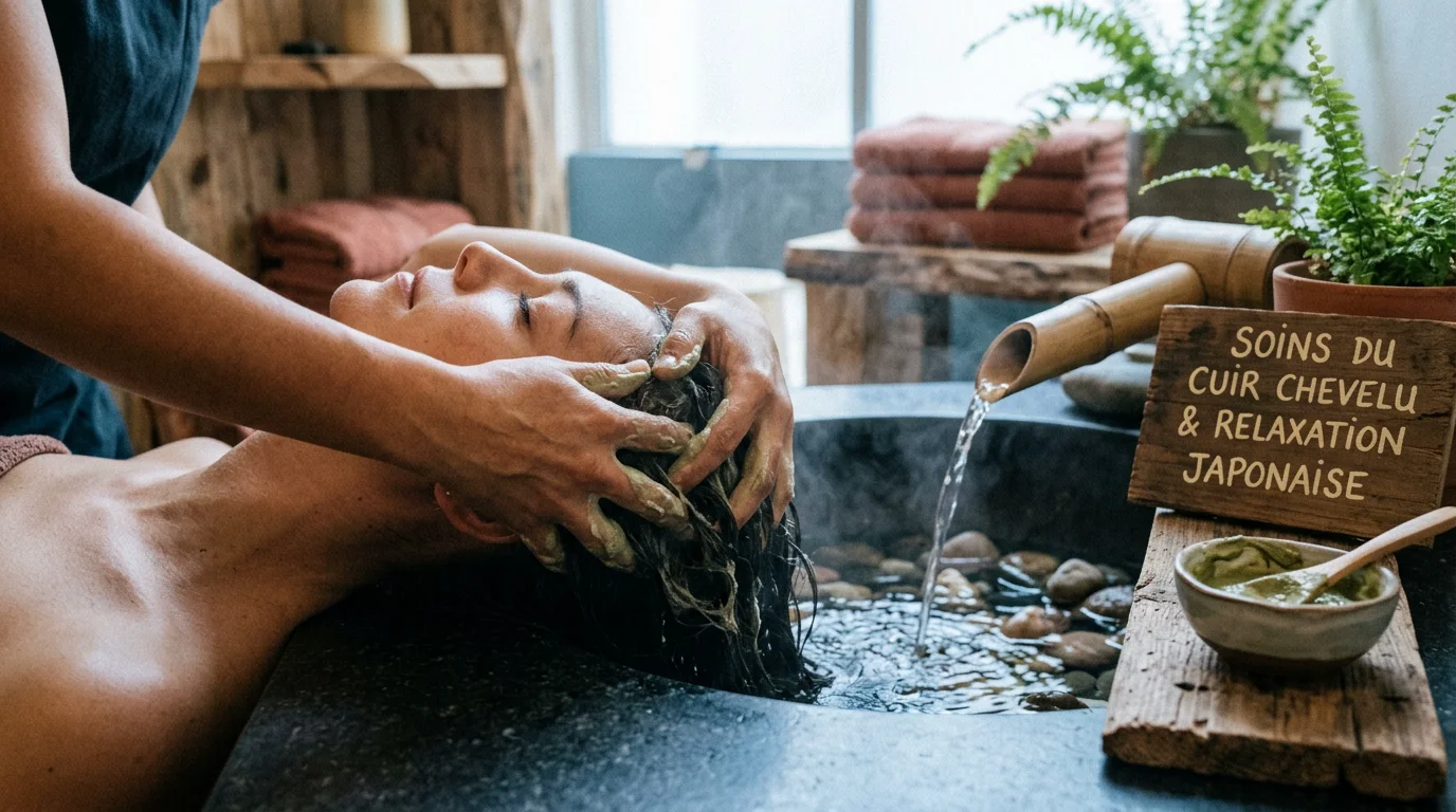 Soin head spa japonais réalisé par une praticienne professionnelle sur le cuir chevelu